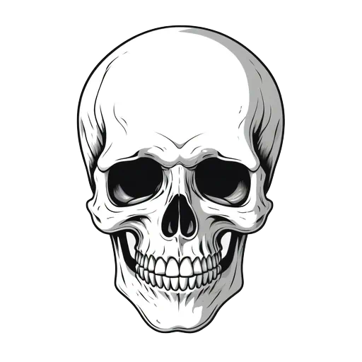 Detailed black and white vector illustration of a realistic human skull facing forward on a white background.