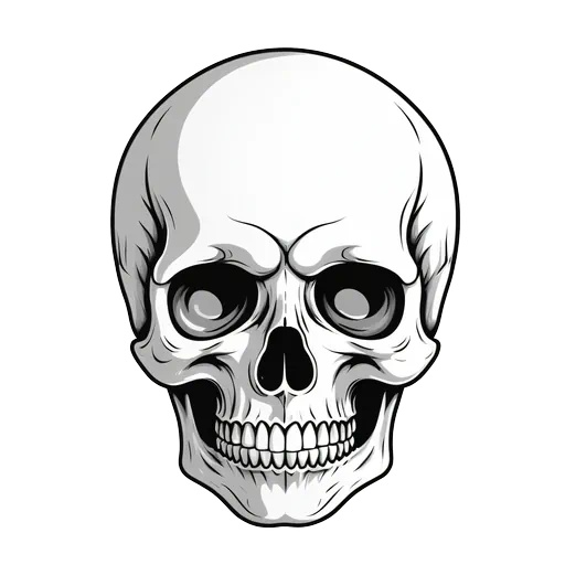 Detailed black and white vector illustration of a human skull with realistic shading on a white background.