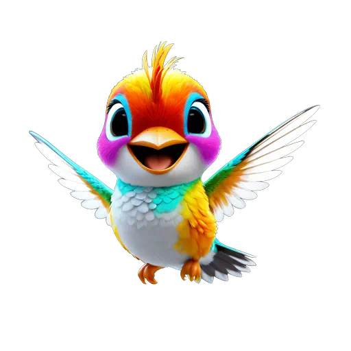Vibrant 3D cartoon hummingbird with colorful orange, pink, and teal plumage and cheerful spread wings.