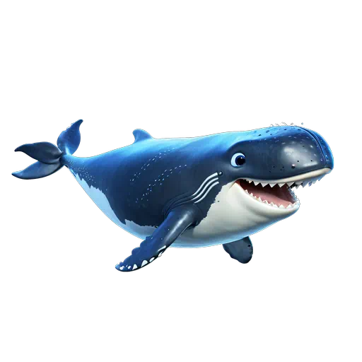 Animated blue and white humpback whale character with a friendly smile, 3D style sea life illustration.