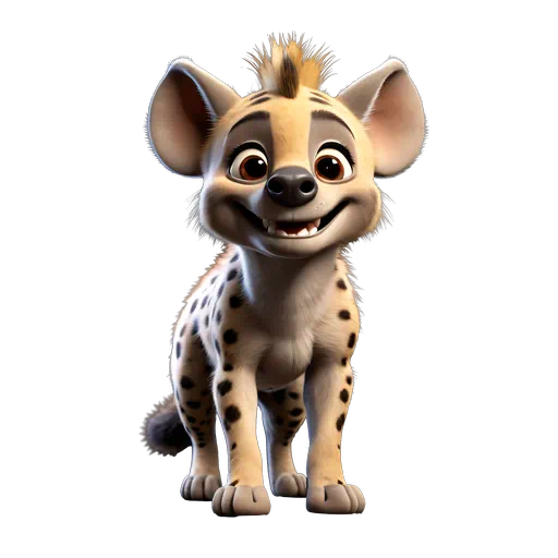 Cute 3D animated spotted hyena character with tan fur and dark spots, smiling and facing forward.