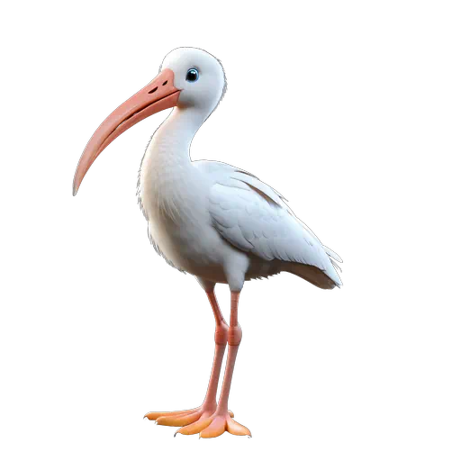 3D illustration of a white ibis bird with a long curved orange beak and pink legs.
