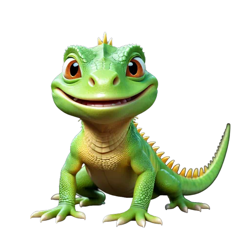 Vibrant green 3D animated iguana character with orange eyes and yellow spines, smiling on a white background.