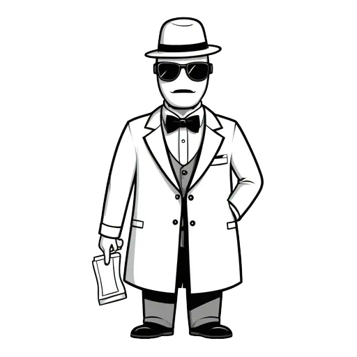 Black and white cartoon illustration of an invisible man wearing a hat, sunglasses, and a trench coat.