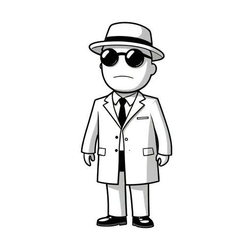 Black and white cartoon illustration of an invisible man wearing a hat, sunglasses, and a trench coat.