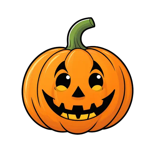 Vibrant orange cartoon Jack O Lantern with a goofy smile, green stem, and big eyes in sticker style.