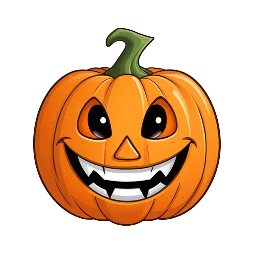 Cartoon orange jack o lantern with a goofy wide smile and green stem on a white background.