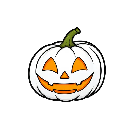 White jack o lantern sticker with a happy orange carved face and green stem on white background.