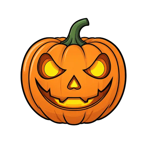 Vibrant orange cartoon Jack O lantern with a scary glowing face and green stem on white background.