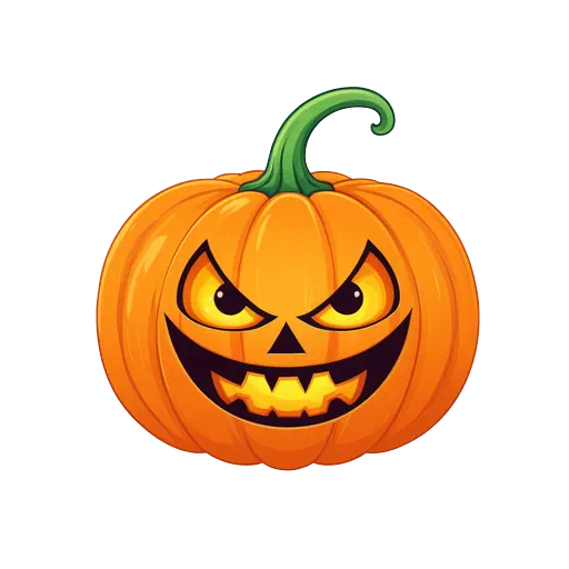 Vibrant orange Jack-o-lantern with a scary grinning face, glowing yellow eyes, and green stem in a cartoon style.