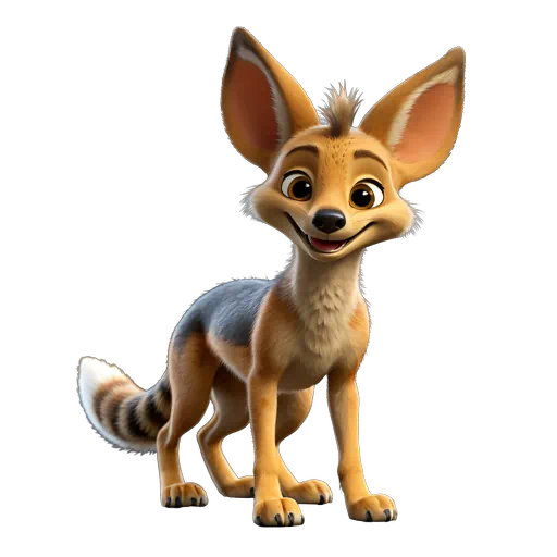 Cute 3D animated jackal with large ears, tan and gray fur, and a smiling expression.