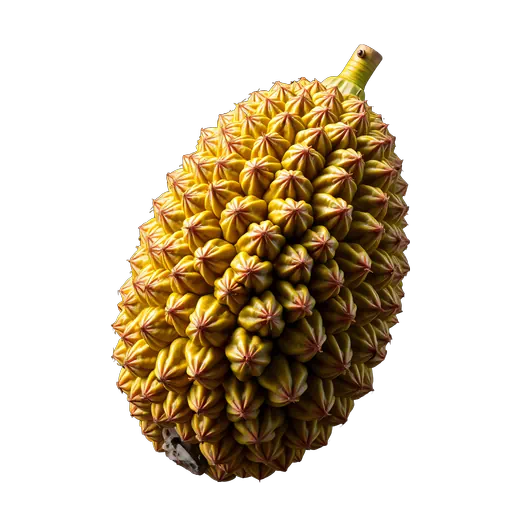 Whole yellow jackfruit with prominent spiky skin and golden highlights, isolated on a white background.