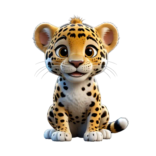 Cute 3D animated jaguar cub sitting, featuring golden fur with black spots and large expressive eyes.