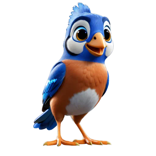 Vibrant 3D animated blue jay character with bright blue plumage, an orange chest, and large expressive eyes.