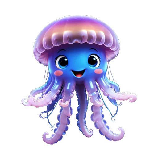 Cute 3D cartoon jellyfish character with a vibrant purple cap, blue body, and friendly smiling face.