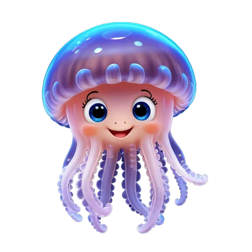 Vibrant 3D cartoon jellyfish character with a glossy blue bell, pink smiling face, and flowing purple tentacles.