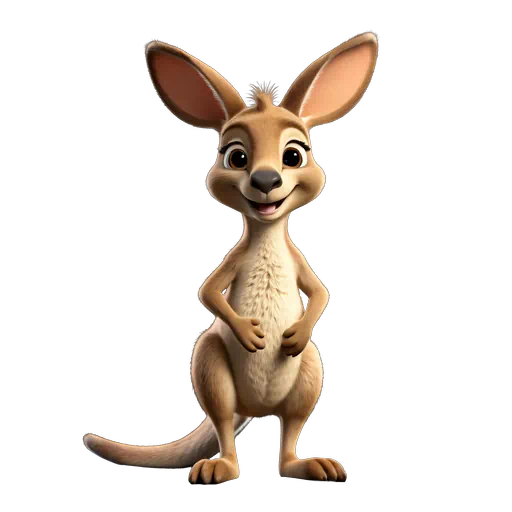Cute 3D animated kangaroo character with tan fur, large ears, and a friendly smile in a cartoon style.