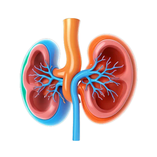3D stylized medical illustration of human kidneys in orange and blue showing internal vascular structures on white background.
