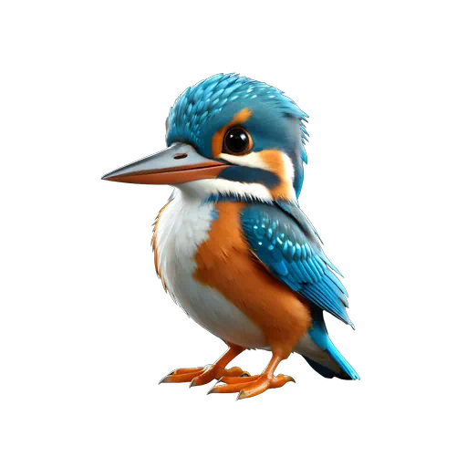 Vibrant blue and orange kingfisher bird digital illustration in a cute 3D style, isolated on white background.