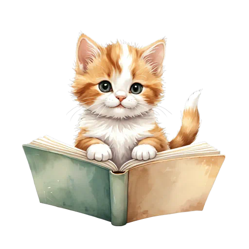 Watercolor ginger and white kitten reading an open vintage green book, isolated on a white background.