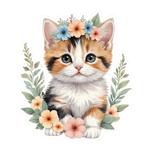 Watercolor calico kitten wearing a peach and blue flower crown surrounded by green leaves and floral accents.