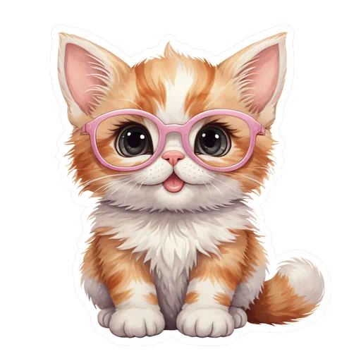 Cute ginger and white kitten wearing oversized pink glasses sticker with a white border and fluffy fur.