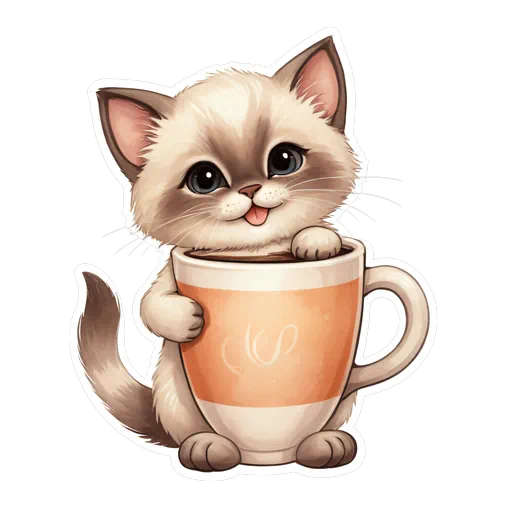 Cute Siamese kitten peeking over a warm coffee mug sticker with soft cream and orange tones in cartoon style.
