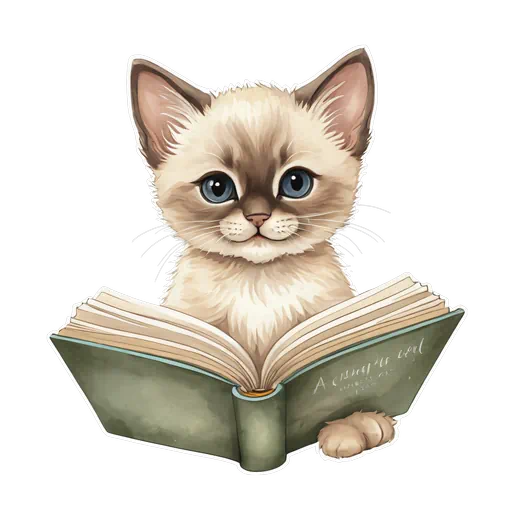 Cute Siamese kitten with blue eyes reading a vintage green book, watercolor style sticker illustration on white.