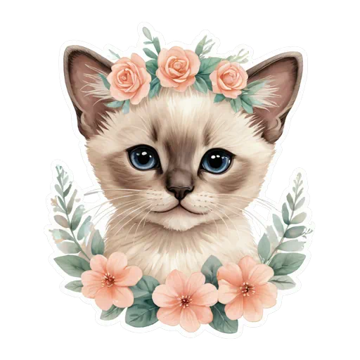 Cute Siamese kitten with blue eyes wearing a pink rose crown and surrounded by green leaves and peach flowers.