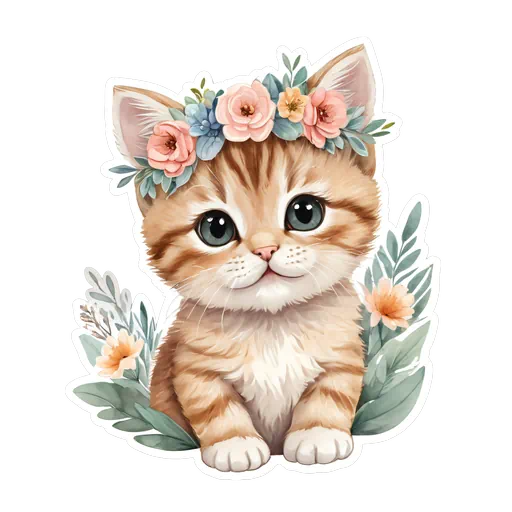 Watercolor ginger tabby kitten wearing a pink floral crown with green leaves and a white sticker border.