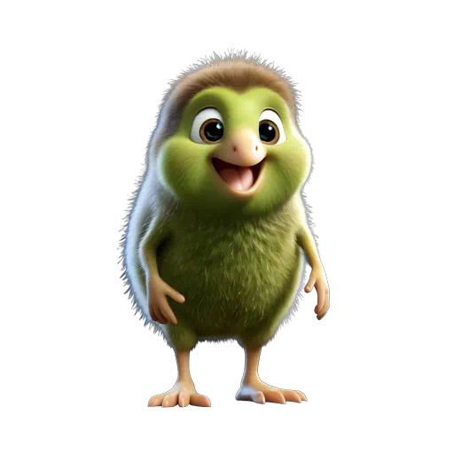 Stylized 3D illustration of a fluffy green kiwi bird with a cheerful expression and large expressive eyes.