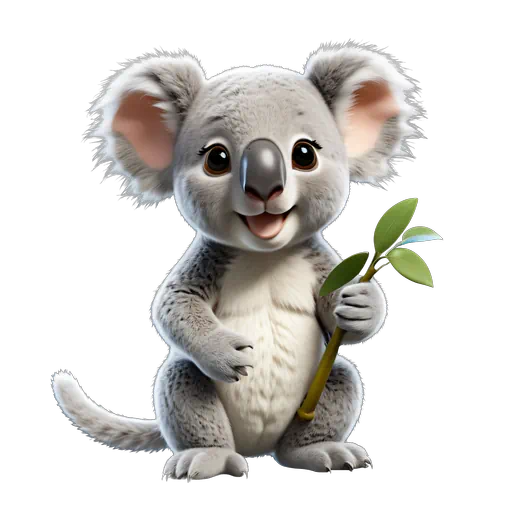 Cute 3D digital illustration of a smiling grey and white koala holding a green leafy branch.