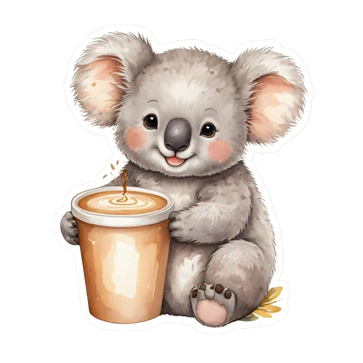 Watercolor illustration of a cute grey koala holding a coffee cup with a white sticker border outline.