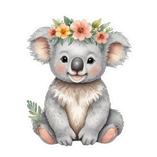 Cute watercolor baby koala wearing a peach floral crown sticker with a white border on gray background.