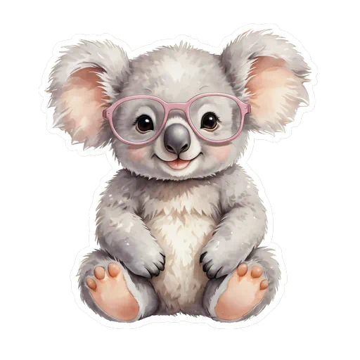 Watercolor illustration of a cute grey baby koala wearing oversized pink glasses on a white background.