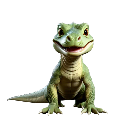 Cute 3D animation of a green komodo dragon with big eyes and a friendly smile, isolated on white.