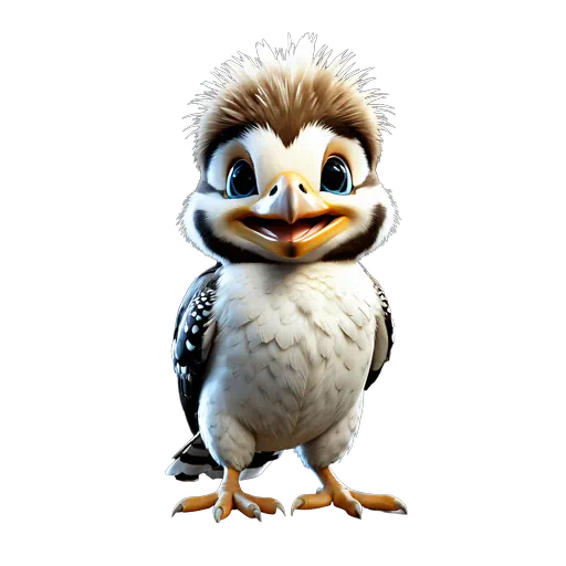 Adorable stylized baby kookaburra illustration with fluffy brown and white feathers, large blue eyes, and a friendly smile.