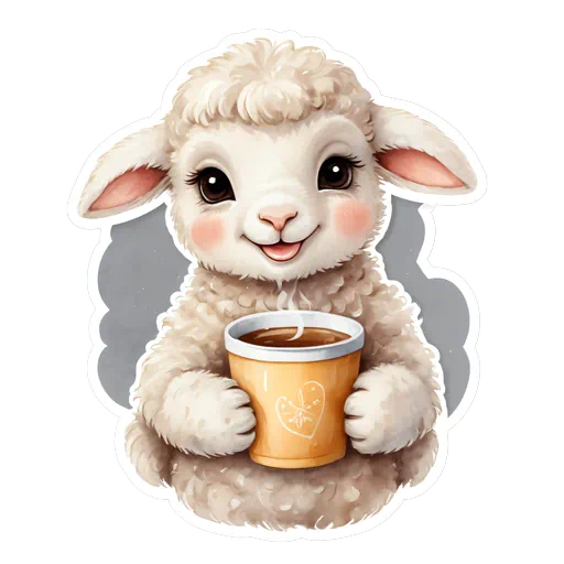 Cute white fluffy lamb holding a steaming yellow cup of coffee in a watercolor sticker illustration style.