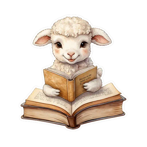 Cute watercolor baby lamb sticker reading a vintage book on a white background for baby shower nursery decor.