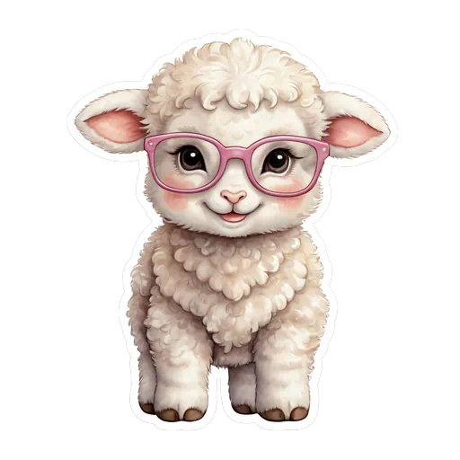 Fluffy white lamb wearing oversized pink glasses, cute digital sticker style with a white border and soft features.