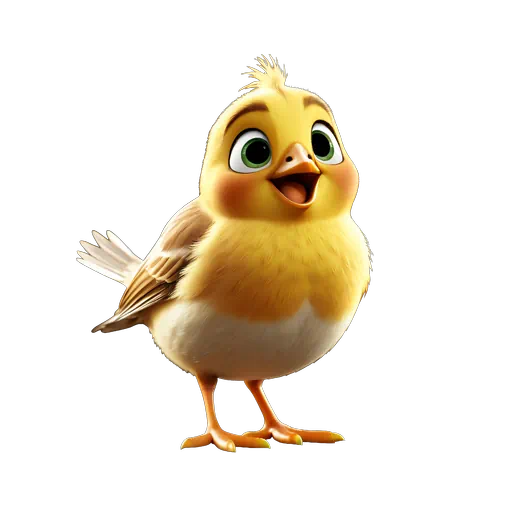 Cute 3D animated yellow lark character with brown wings, expressive green eyes, and a cheerful open beak.