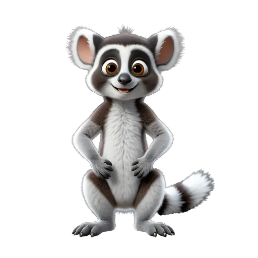 Cute 3D cartoon ring-tailed lemur character with grey and white fur, standing and smiling on white background.