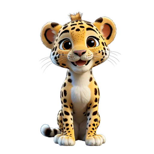 Adorable 3D cartoon leopard cub with yellow spotted fur sitting and smiling, isolated on a white background.