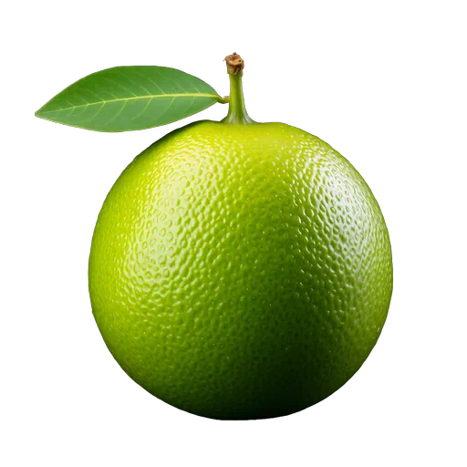 Fresh whole green lime with textured skin, a single green leaf, and stem, isolated on a white background.
