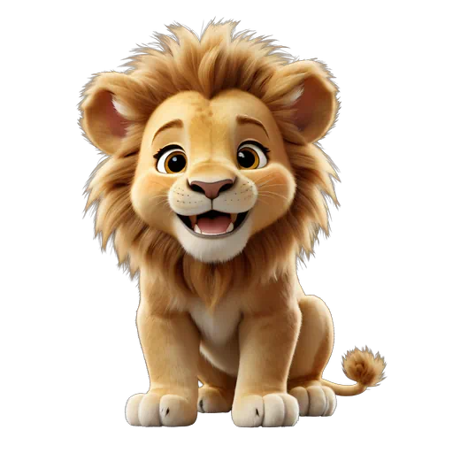 Cute 3D animated golden lion cub with large brown eyes and a fluffy mane sitting on white background.