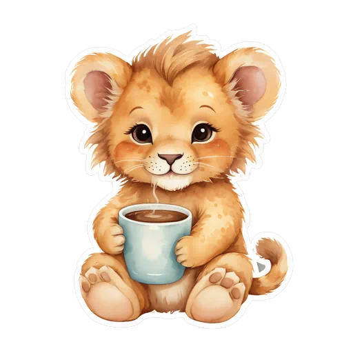 Adorable watercolor lion cub sticker holding a steaming blue coffee mug with large eyes and soft fur.