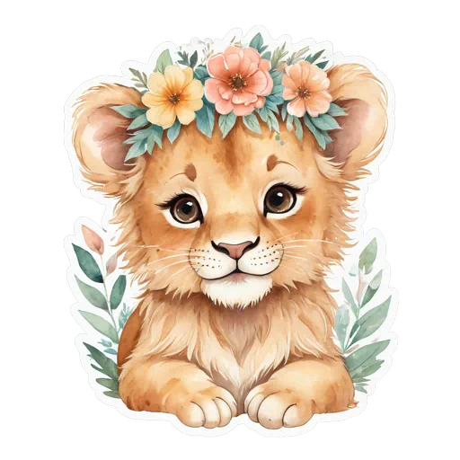 Watercolor baby lion cub wearing a peach and yellow floral crown with green leaves and a sticker border.
