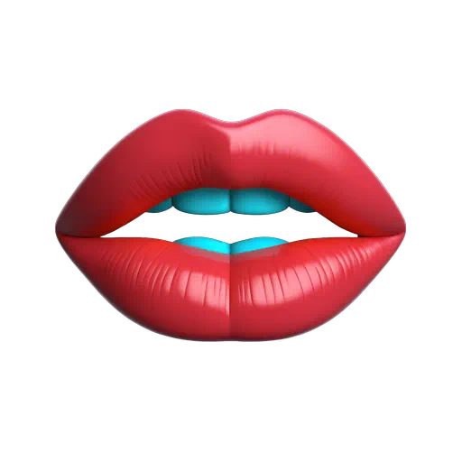 Glossy 3D red lips with vibrant cyan teeth on a white background in a modern pop art style.