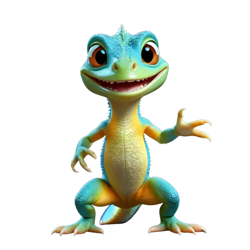 Friendly 3D animated lizard with teal skin, yellow belly, and large brown eyes in a standing pose.