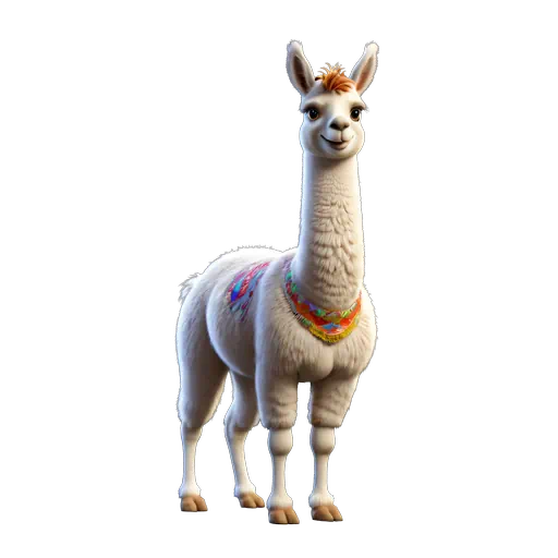 Fluffy white 3D animated llama featuring a colorful patterned neck scarf and saddle on a white background.